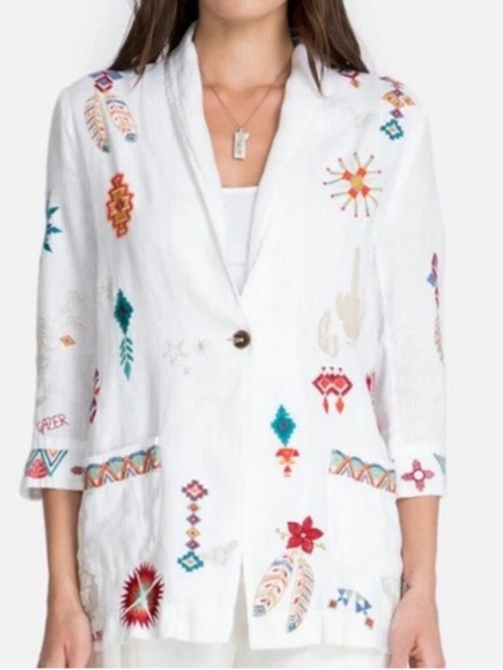 JOHNNY WAS Women’s Embroidered Linen Blazer Desert Western Theme - SIZE XS